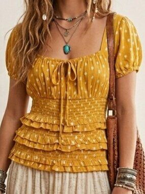 Rebellion Again Mustard Boho Chic Peasant Top Blouse Coastal Cowgirl - Medium